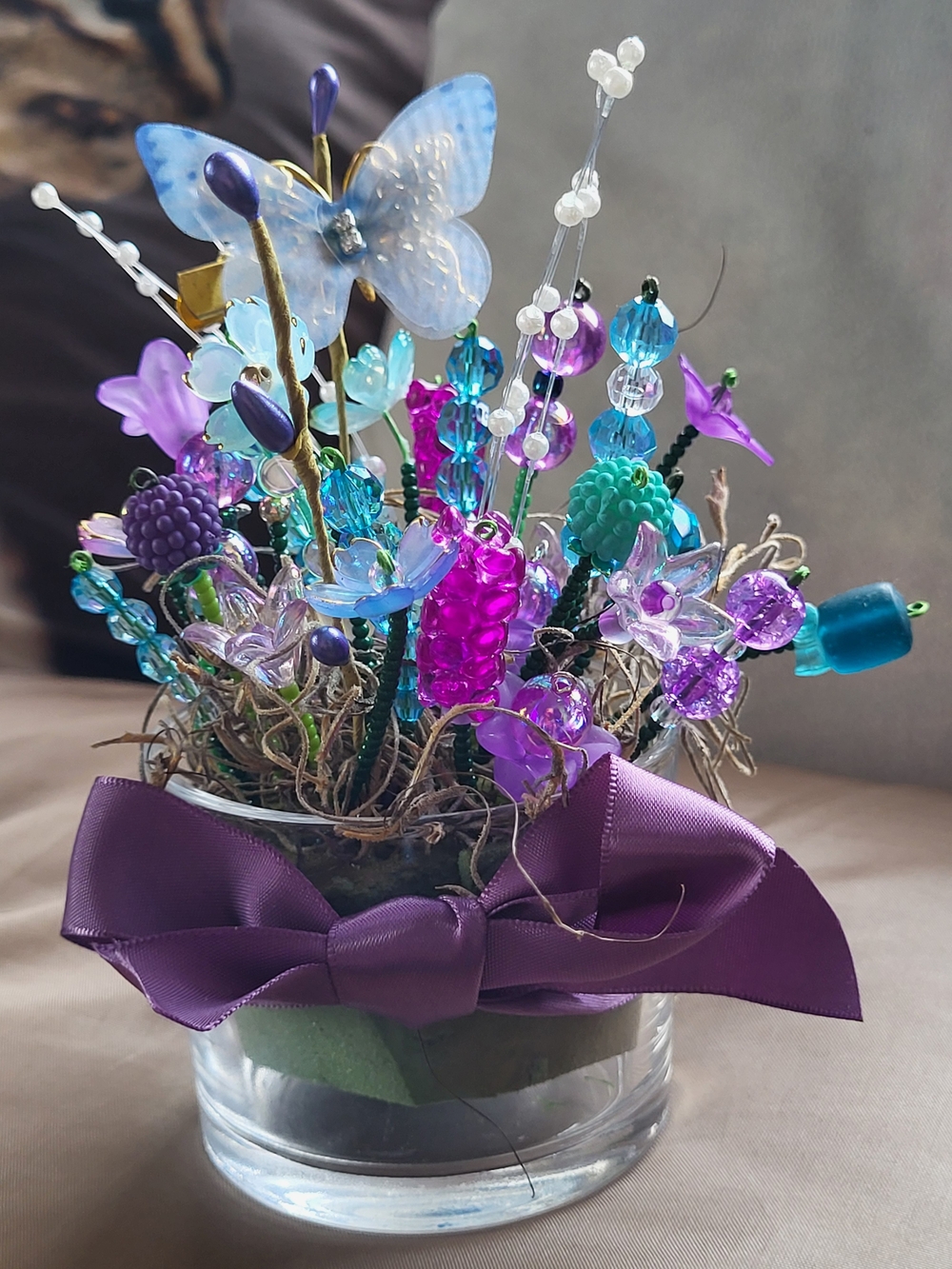 Glass Bead Floral Arrangement with Purple Ribbon Bow